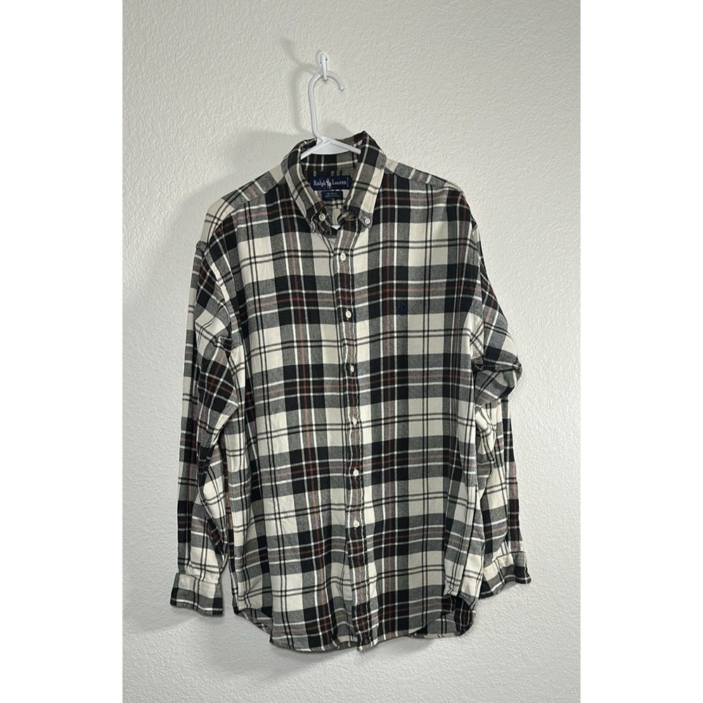 Ralph Lauren Men's Plaid Shirt in Black, White, and Red Medium